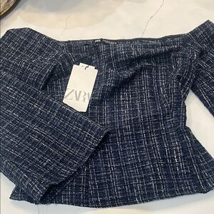 Zara Dark Blue Tweed Off-Shoulder Blouse